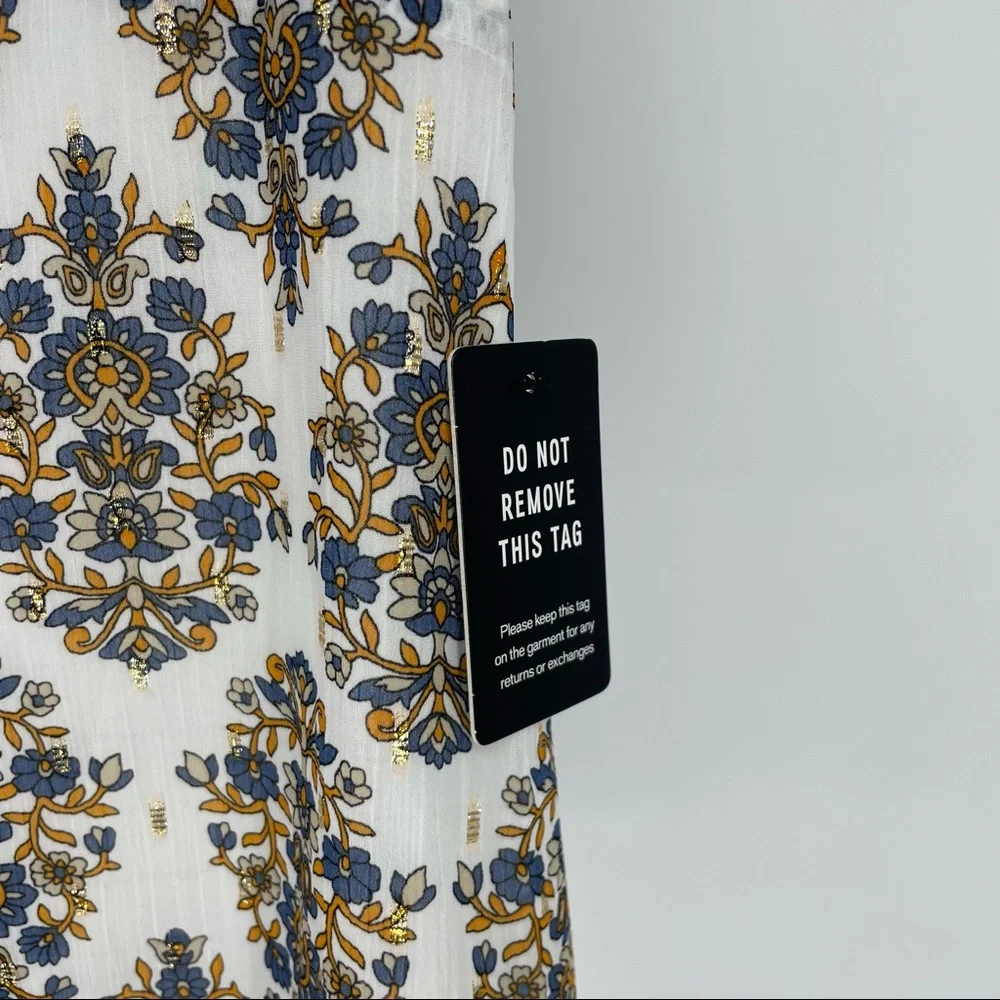 EXPRESS NWT PAISLEY PUFF SLEEVE FIT AND FLARE DRESS WHITE GOLD BLUE XS - Picture 8 of 9